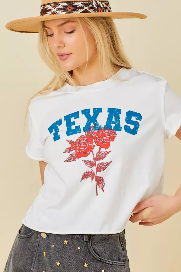 Wholesale Texas Wording Rose Vintage Print T-shirts - Mainstrip