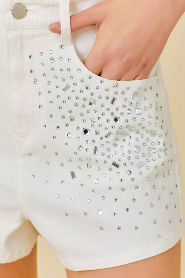Wide-leg rhinestone denim shorts main image 1