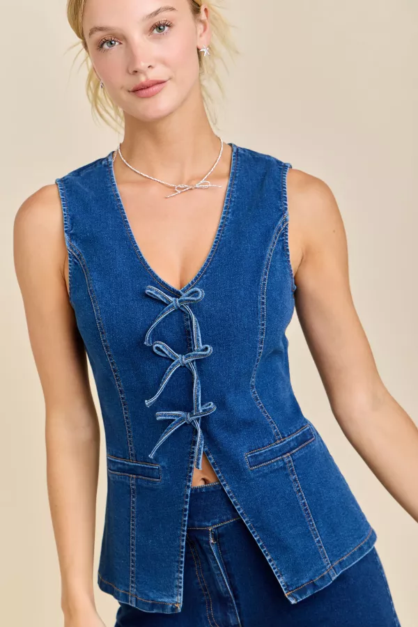 Wholesale V-neck Denim Vest Top With Ribbon Bow - Mainstrip